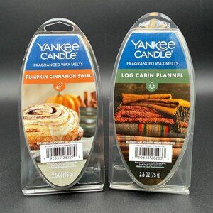 Yankee Candle Wax Melts Set Of 2 Pumpkin Cinnamon Swirl Log Cabin Flannel 2.6 oz